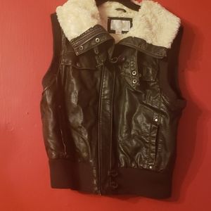 Leather faux fur trim vest